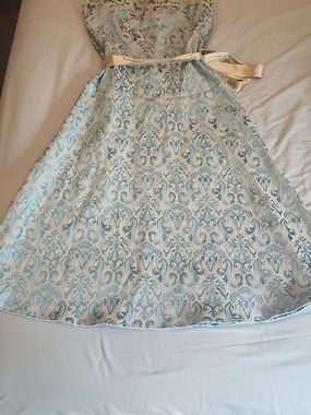 Teeze Me Blue and Cream Brocade A-Line Dress with Belt